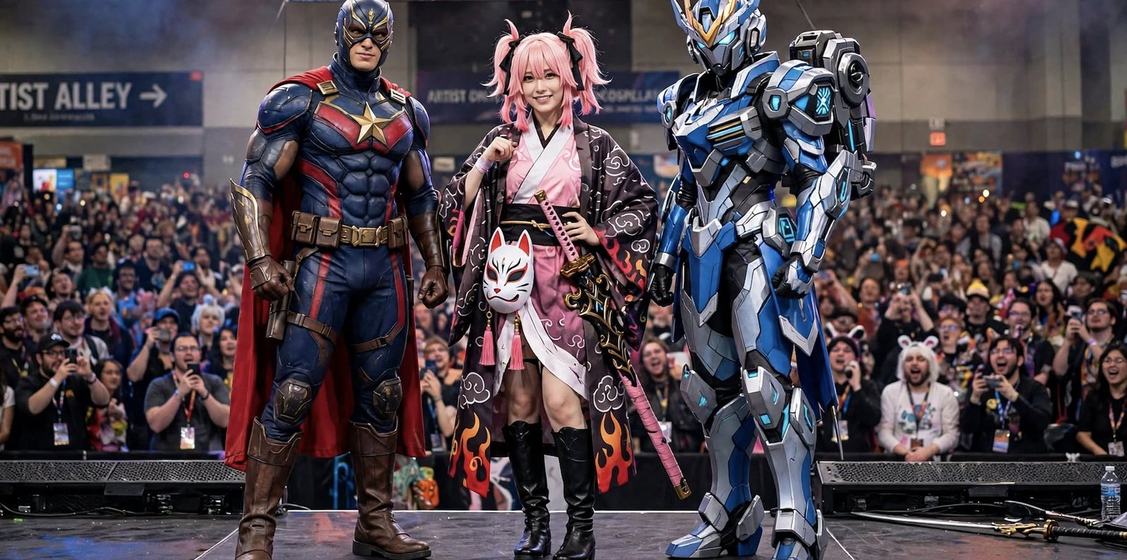 Cosplayers on stage at a cosplay competition in front of a crowd