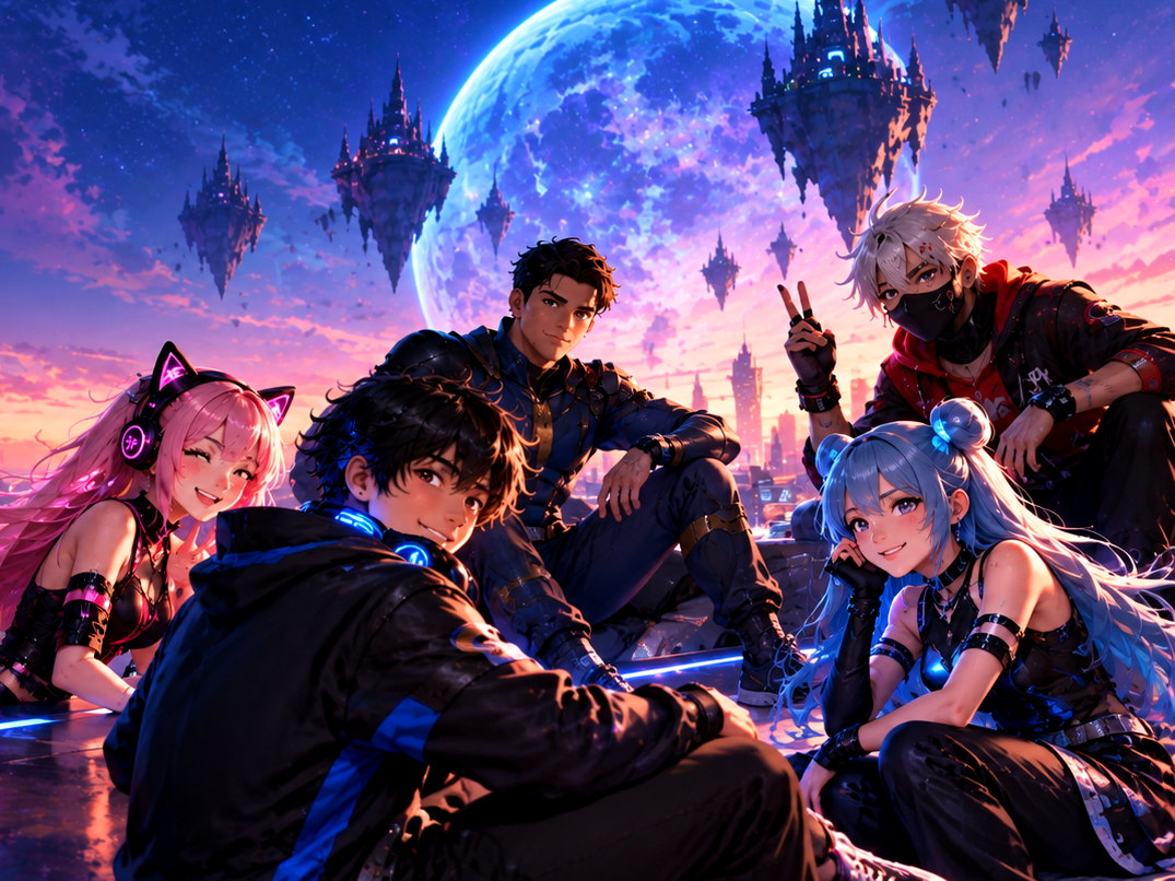 Anime, cosplay and superhero fans together on a rooftop above a neon city, the kind of crew people find in Demi Gods Universe